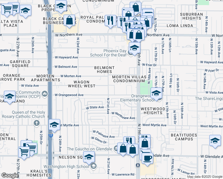 map of restaurants, bars, coffee shops, grocery stores, and more near 7502 North 21st Avenue in Phoenix