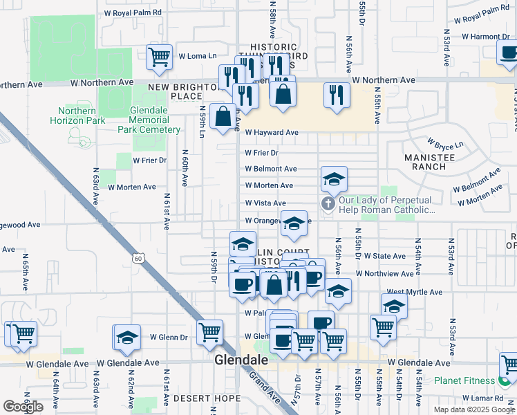 map of restaurants, bars, coffee shops, grocery stores, and more near 5832 West Orangewood Avenue in Glendale