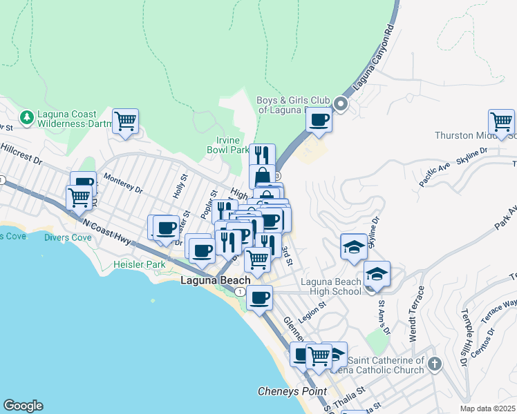 map of restaurants, bars, coffee shops, grocery stores, and more near 110 High Drive in Laguna Beach