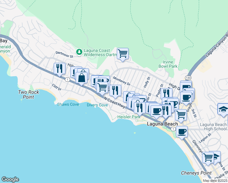 map of restaurants, bars, coffee shops, grocery stores, and more near 509 Cypress Drive in Laguna Beach