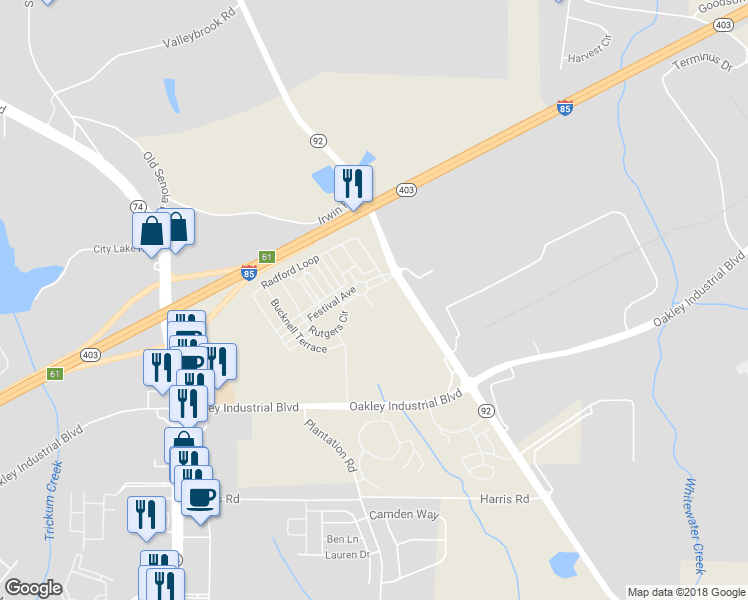 map of restaurants, bars, coffee shops, grocery stores, and more near 7606 Avalon Boulevard in Fairburn