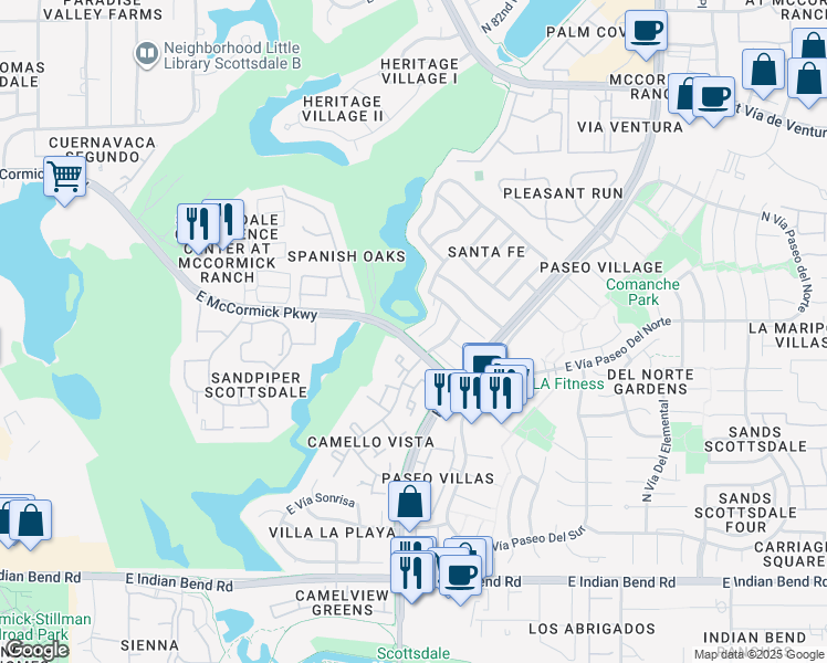 map of restaurants, bars, coffee shops, grocery stores, and more near 7500 North Vía Camello Del Norte in Scottsdale