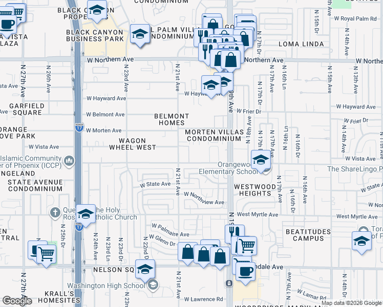 map of restaurants, bars, coffee shops, grocery stores, and more near 2016 West Orangewood Avenue in Phoenix