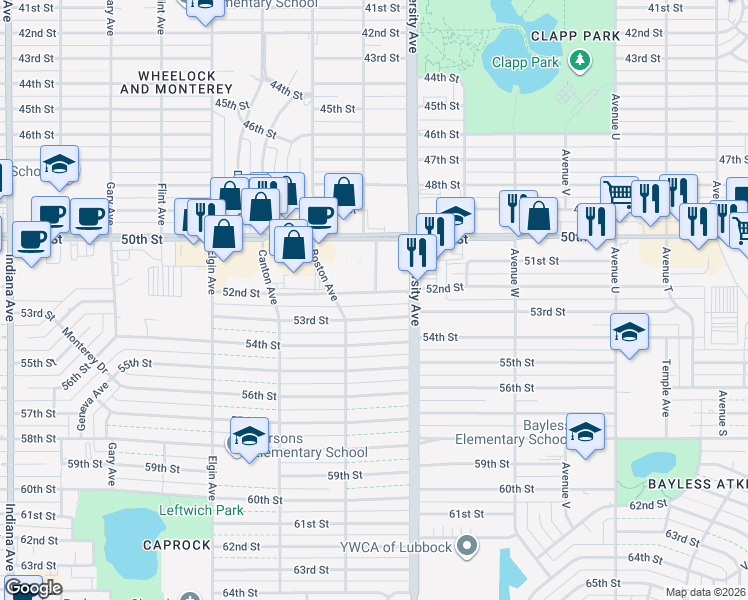 map of restaurants, bars, coffee shops, grocery stores, and more near 2514 53rd Street in Lubbock