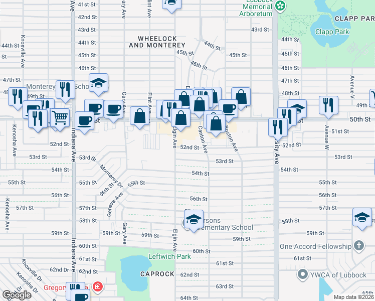 map of restaurants, bars, coffee shops, grocery stores, and more near 2815 52nd Street in Lubbock