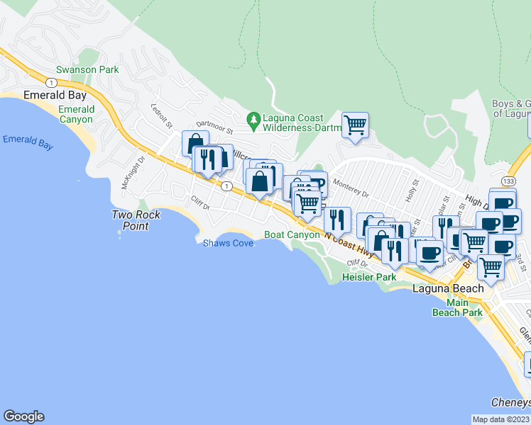 map of restaurants, bars, coffee shops, grocery stores, and more near 845 Cliff Drive in Laguna Beach