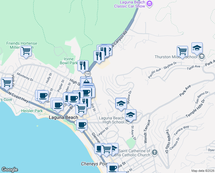 map of restaurants, bars, coffee shops, grocery stores, and more near 622 Mystic Way in Laguna Beach