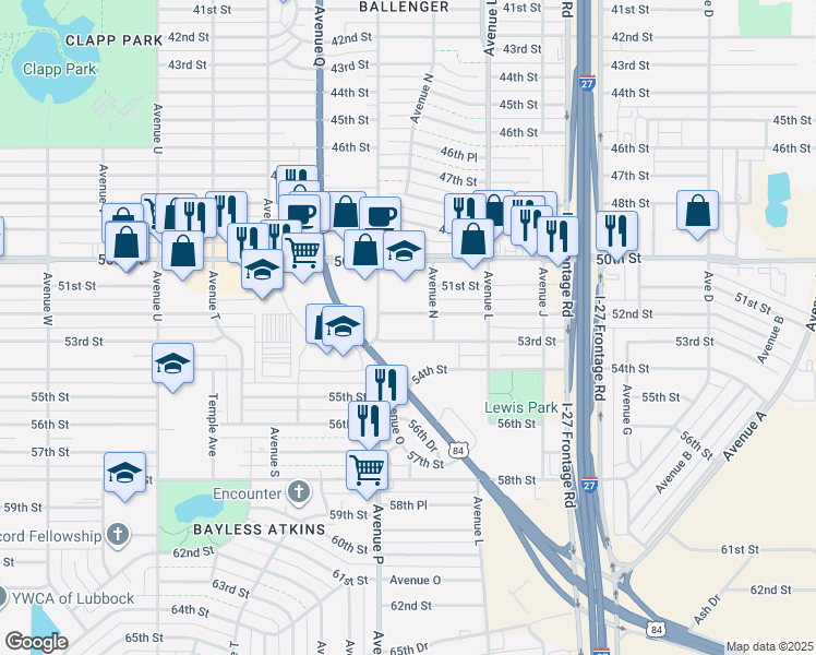 map of restaurants, bars, coffee shops, grocery stores, and more near in Lubbock