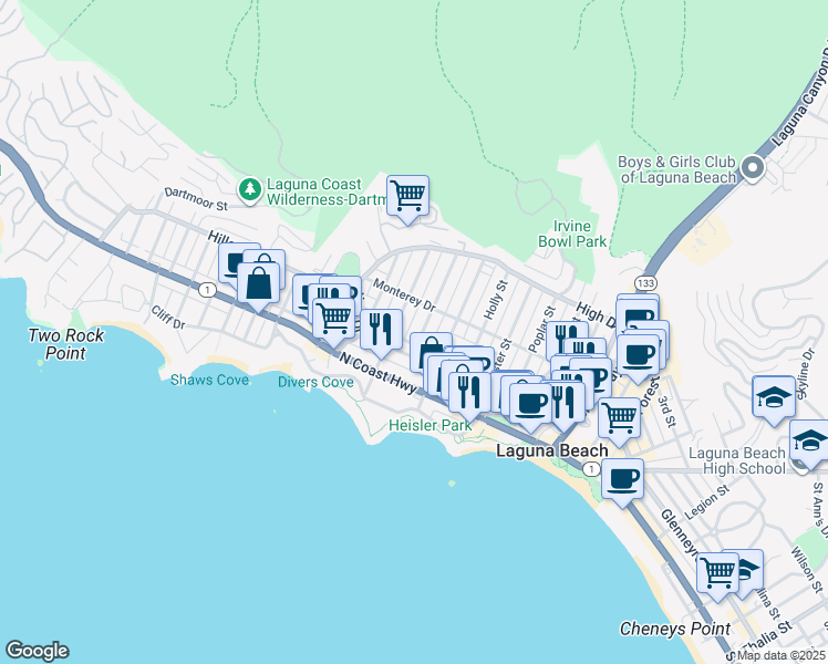 map of restaurants, bars, coffee shops, grocery stores, and more near in Laguna Beach