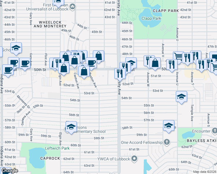 map of restaurants, bars, coffee shops, grocery stores, and more near 2513 52nd Street in Lubbock