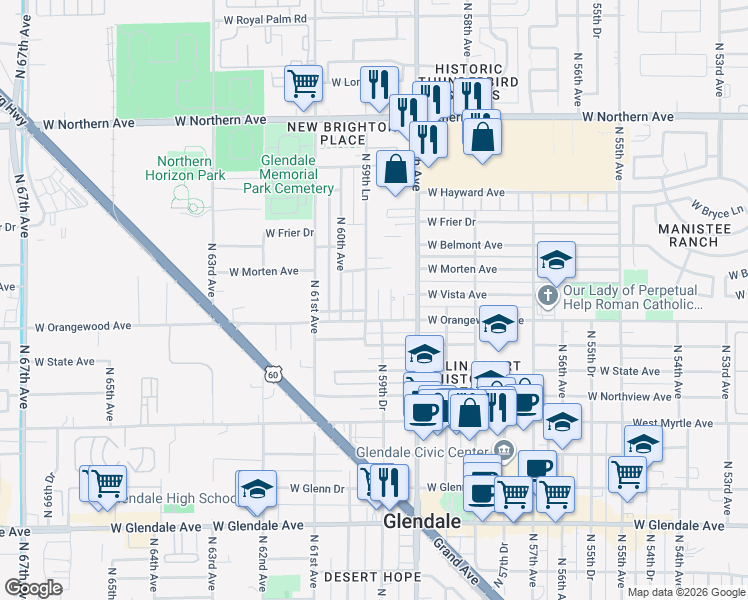 map of restaurants, bars, coffee shops, grocery stores, and more near 5942 West Orangewood Avenue in Glendale