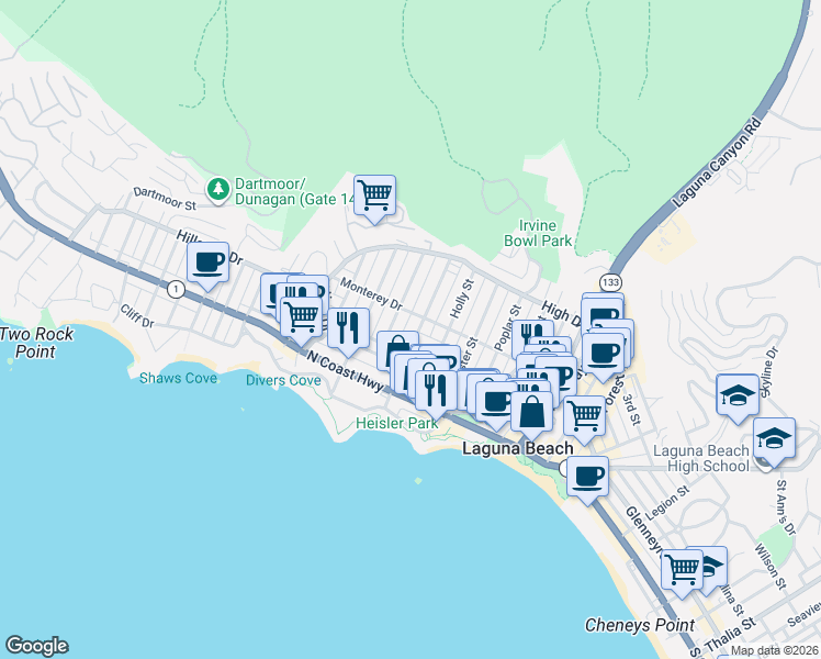 map of restaurants, bars, coffee shops, grocery stores, and more near 377 Magnolia Drive in Laguna Beach