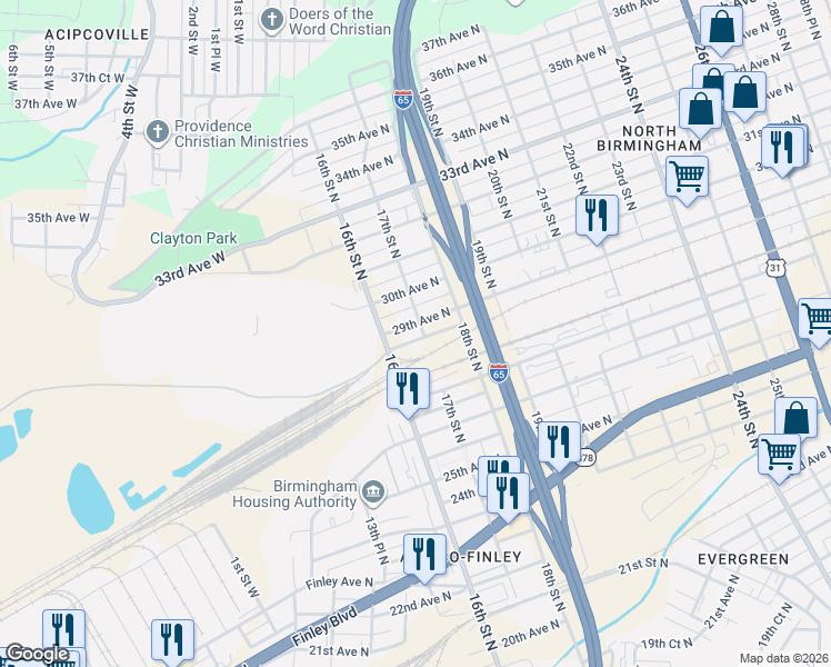 map of restaurants, bars, coffee shops, grocery stores, and more near 2811 16th Street North in Birmingham