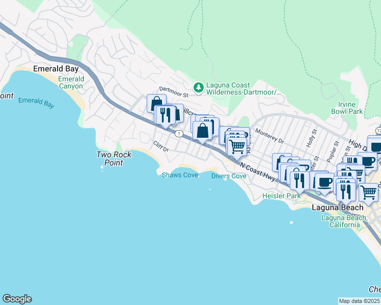 map of restaurants, bars, coffee shops, grocery stores, and more near 960 Cliff Drive in Laguna Beach