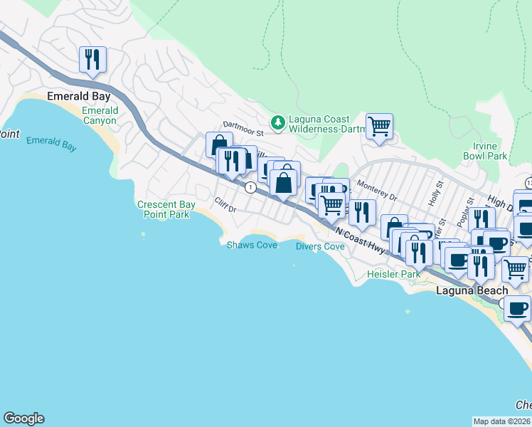 map of restaurants, bars, coffee shops, grocery stores, and more near 960 Cliff Drive in Laguna Beach