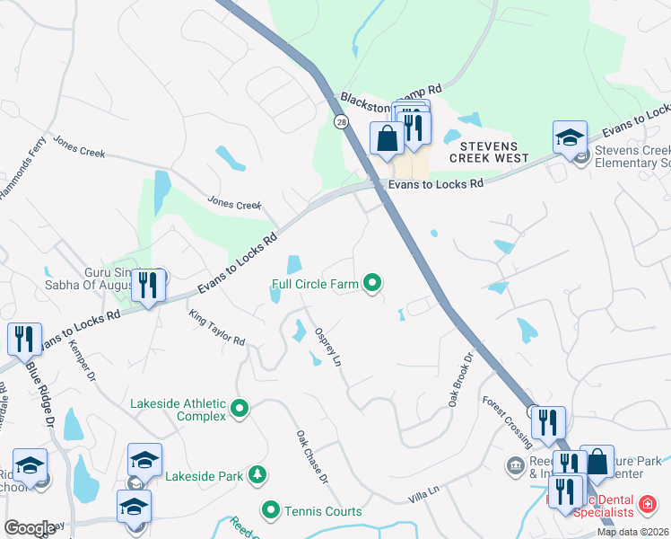map of restaurants, bars, coffee shops, grocery stores, and more near 229 Full Circle Drive in Evans