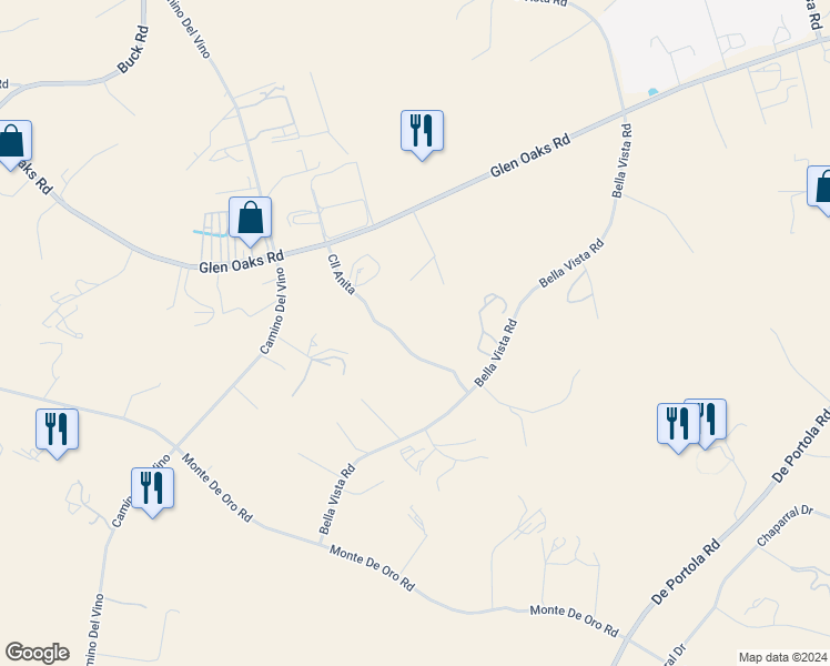 map of restaurants, bars, coffee shops, grocery stores, and more near 39470 Calle Anita in Temecula