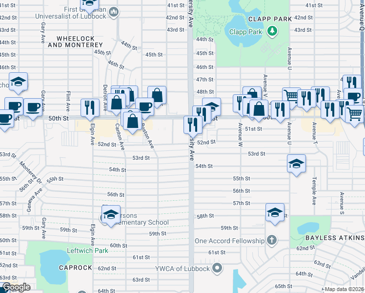 map of restaurants, bars, coffee shops, grocery stores, and more near 2504 53rd Street in Lubbock