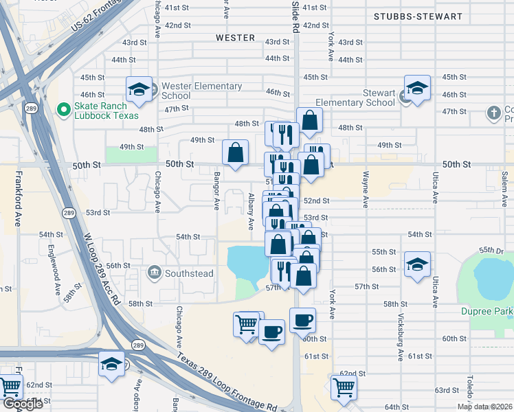 map of restaurants, bars, coffee shops, grocery stores, and more near 7 Albany Avenue in Lubbock