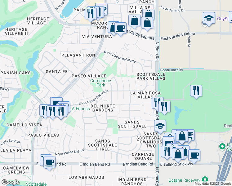 map of restaurants, bars, coffee shops, grocery stores, and more near 7510 North Vía De La Campana in Scottsdale