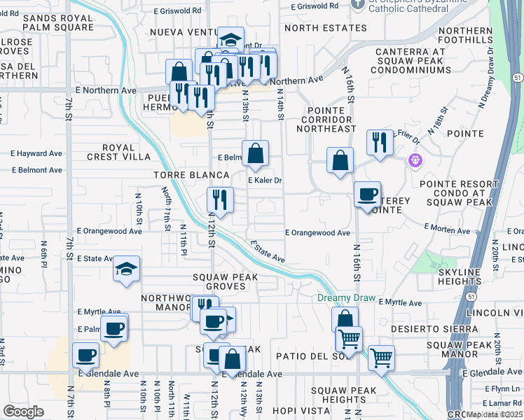 map of restaurants, bars, coffee shops, grocery stores, and more near 1326 East Vista Avenue in Phoenix