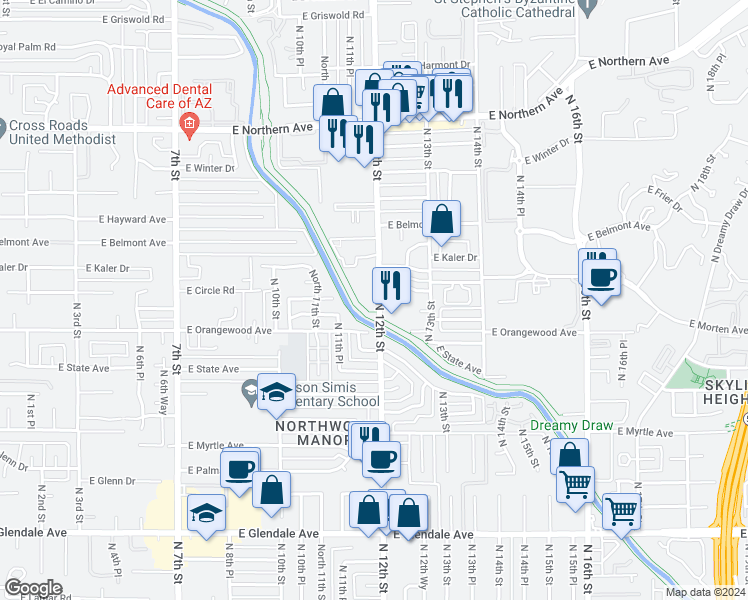 map of restaurants, bars, coffee shops, grocery stores, and more near 1241 East Vista Avenue in Phoenix
