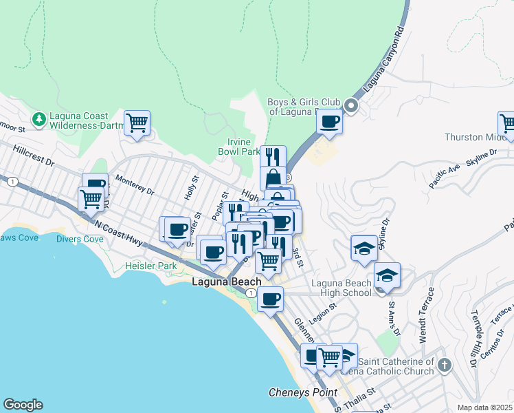 map of restaurants, bars, coffee shops, grocery stores, and more near 110 High Drive in Laguna Beach