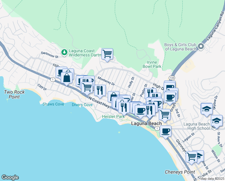 map of restaurants, bars, coffee shops, grocery stores, and more near 315 Locust Street in Laguna Beach