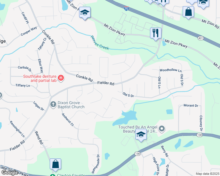 map of restaurants, bars, coffee shops, grocery stores, and more near 7550 Fielder Road in Jonesboro