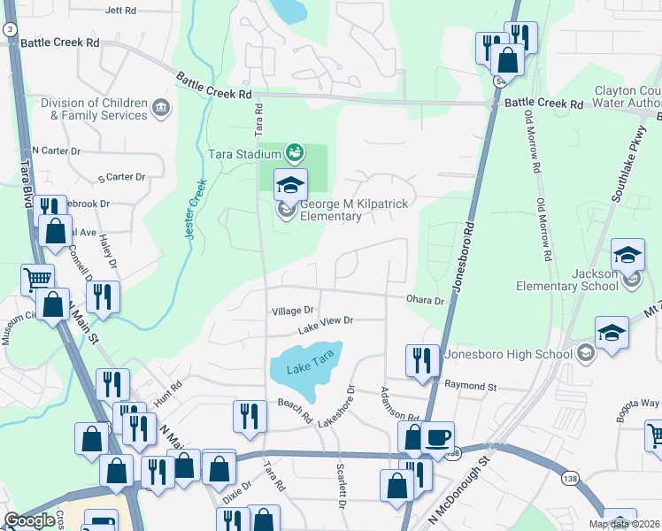 map of restaurants, bars, coffee shops, grocery stores, and more near 7613 Garnet Drive in Jonesboro