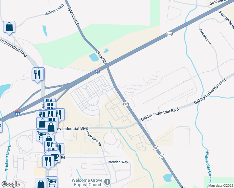 map of restaurants, bars, coffee shops, grocery stores, and more near 5365 Radford Loop in Fairburn