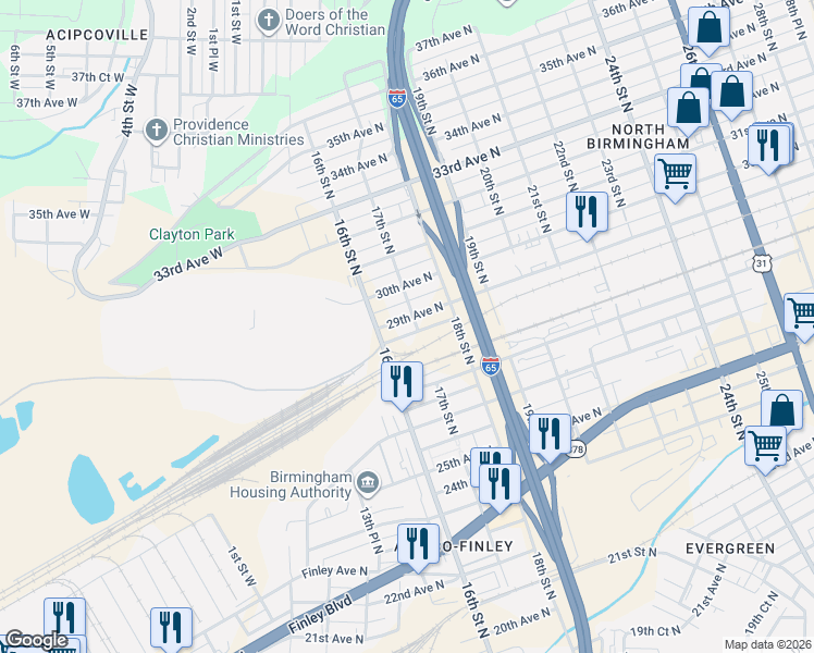 map of restaurants, bars, coffee shops, grocery stores, and more near 2811 16th Street North in Birmingham