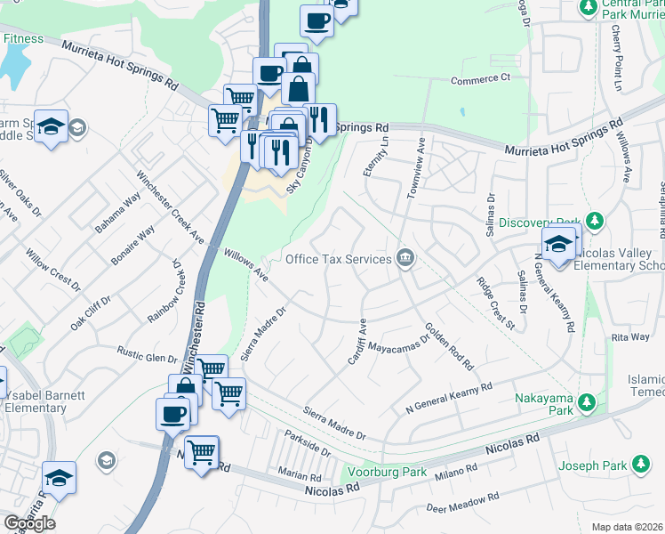 map of restaurants, bars, coffee shops, grocery stores, and more near 39434 Napa Creek Drive in Murrieta