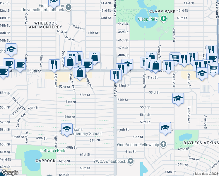 map of restaurants, bars, coffee shops, grocery stores, and more near 2504 53rd Street in Lubbock