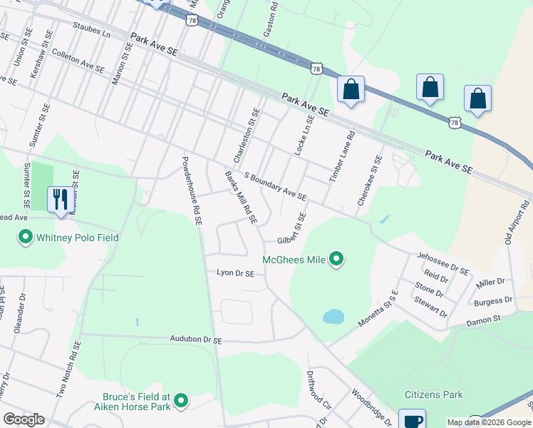 map of restaurants, bars, coffee shops, grocery stores, and more near 528 Banks Mill Road Southeast in Aiken