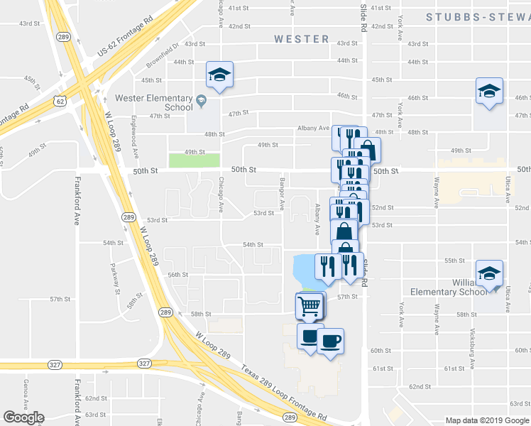 map of restaurants, bars, coffee shops, grocery stores, and more near 5424 53rd Street in Lubbock