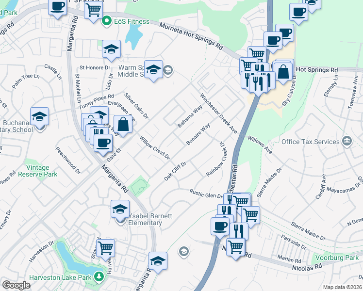 map of restaurants, bars, coffee shops, grocery stores, and more near 39580 Bonaire Way in Murrieta