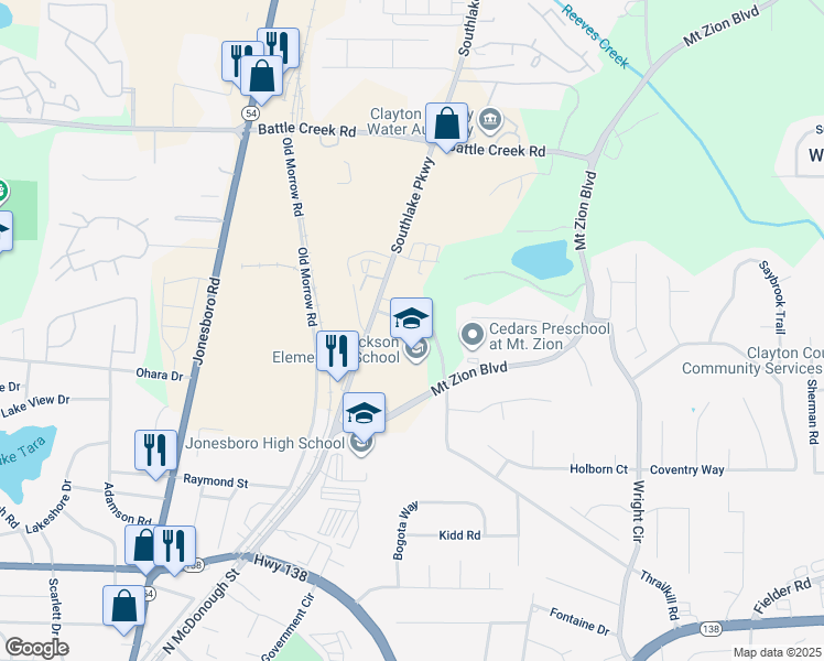 map of restaurants, bars, coffee shops, grocery stores, and more near 7711 Mount Zion Boulevard in Jonesboro