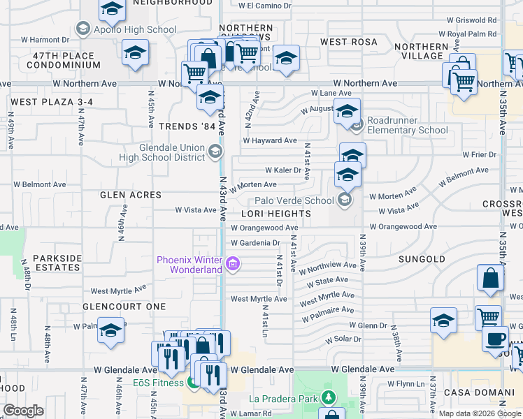 map of restaurants, bars, coffee shops, grocery stores, and more near 4208 West Orangewood Avenue in Phoenix