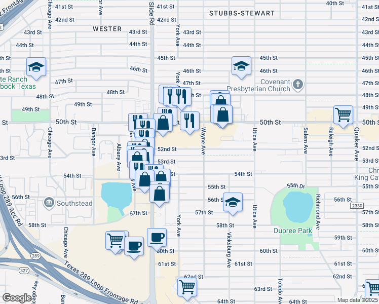 map of restaurants, bars, coffee shops, grocery stores, and more near 5008 53rd Street in Lubbock