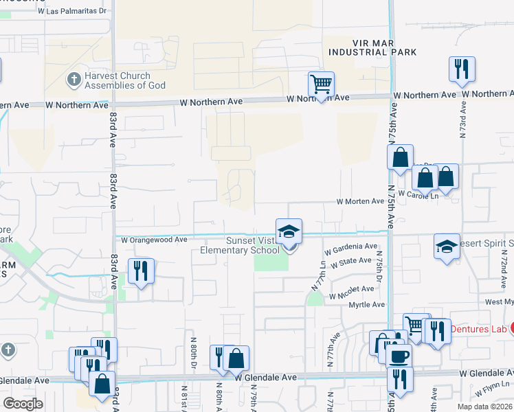 map of restaurants, bars, coffee shops, grocery stores, and more near 7723 North 79th Avenue in Glendale