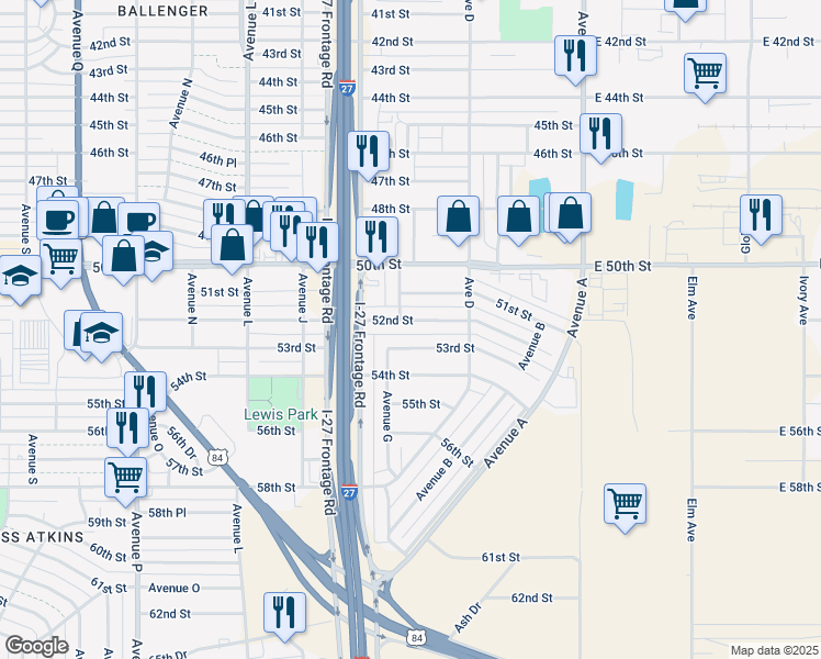 map of restaurants, bars, coffee shops, grocery stores, and more near 527 53rd Street in Lubbock