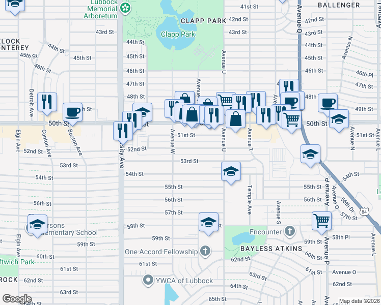 map of restaurants, bars, coffee shops, grocery stores, and more near 2125 53rd Street in Lubbock