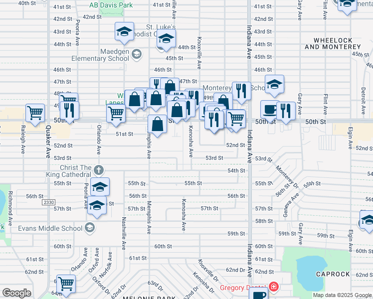 map of restaurants, bars, coffee shops, grocery stores, and more near 5302 Kenosha Avenue in Lubbock