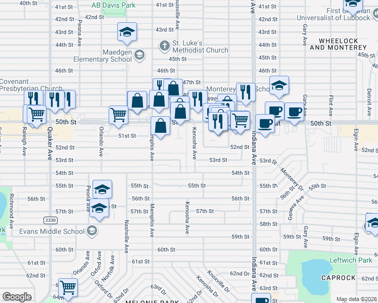 map of restaurants, bars, coffee shops, grocery stores, and more near 5302 Kenosha Avenue in Lubbock