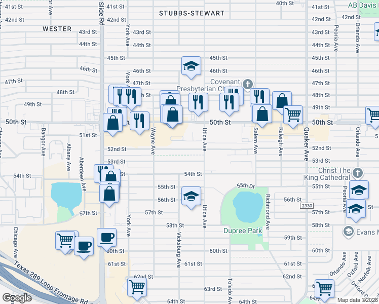 map of restaurants, bars, coffee shops, grocery stores, and more near 4807 53rd Street in Lubbock