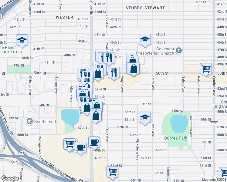 map of restaurants, bars, coffee shops, grocery stores, and more near 5008 53rd Street in Lubbock