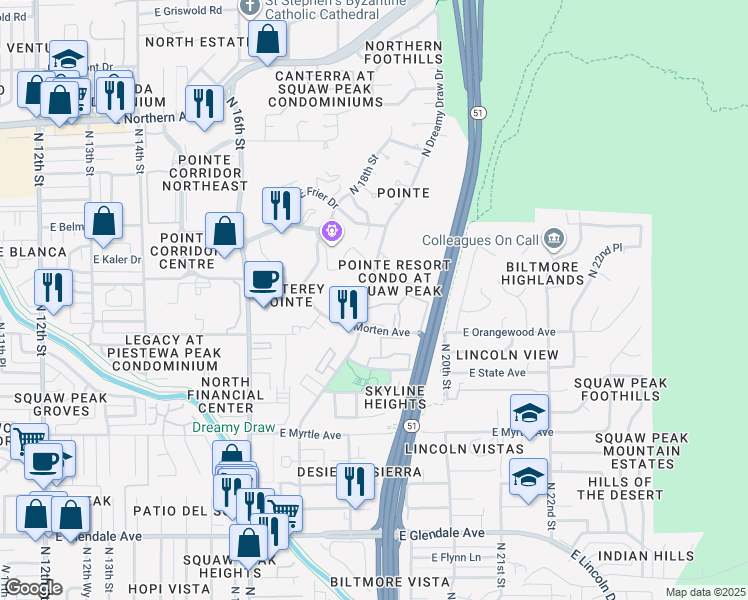 map of restaurants, bars, coffee shops, grocery stores, and more near 1829 East Morten Avenue in Phoenix