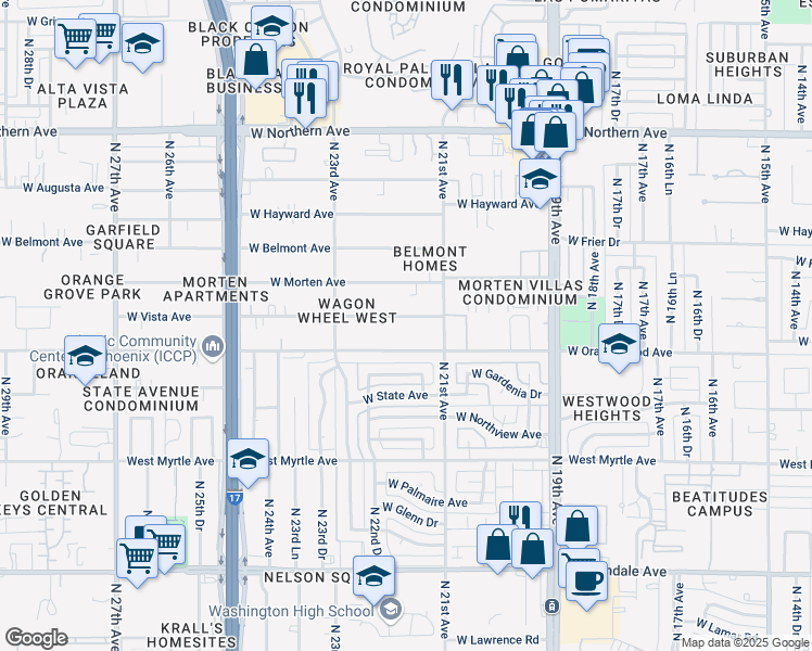 map of restaurants, bars, coffee shops, grocery stores, and more near 2134 West Orangewood Avenue in Phoenix