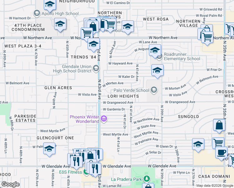 map of restaurants, bars, coffee shops, grocery stores, and more near 4208 West Orangewood Avenue in Phoenix